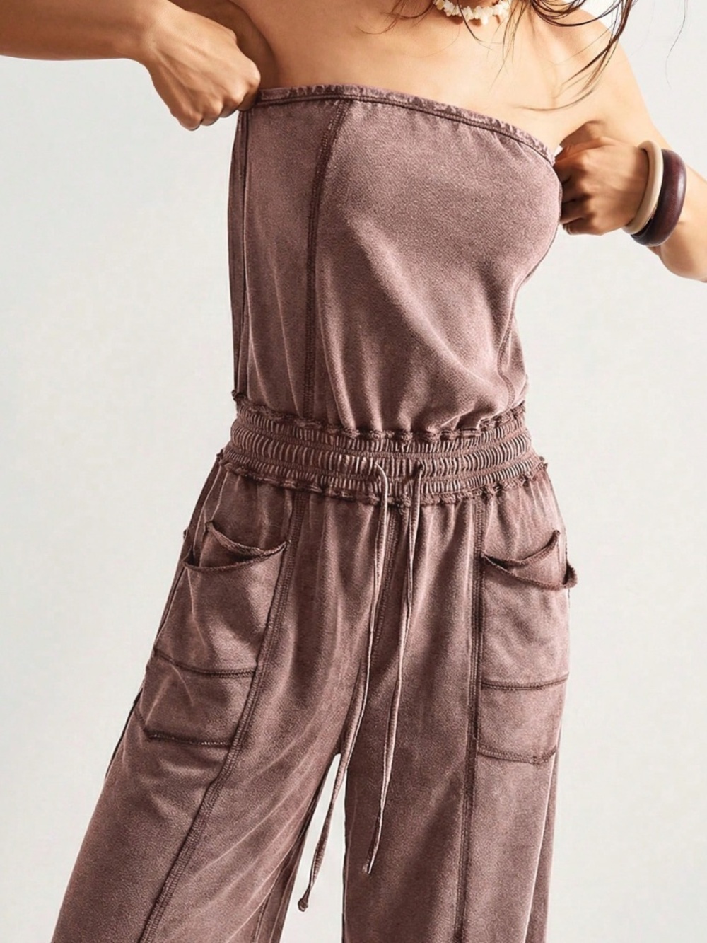 Strapless Brown Boho Wide Leg Jumpsuit with Pockets - Picture 7 of 8